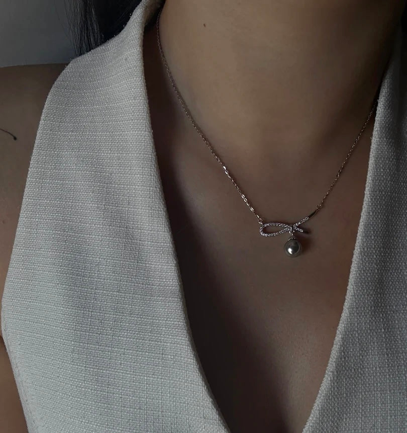 Pavé Ribbon Pearl-Style Necklace