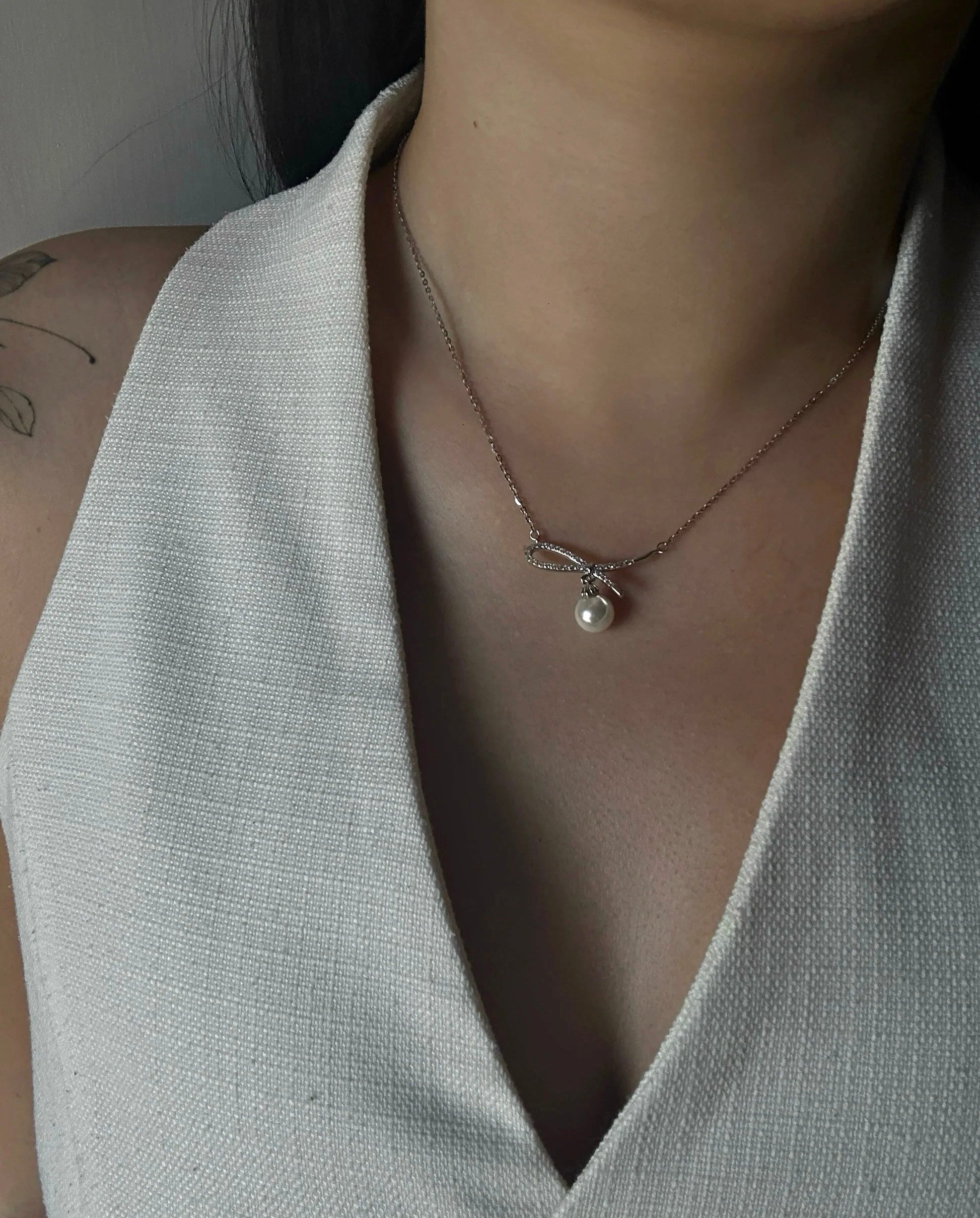 Pavé Ribbon Pearl-Style Necklace