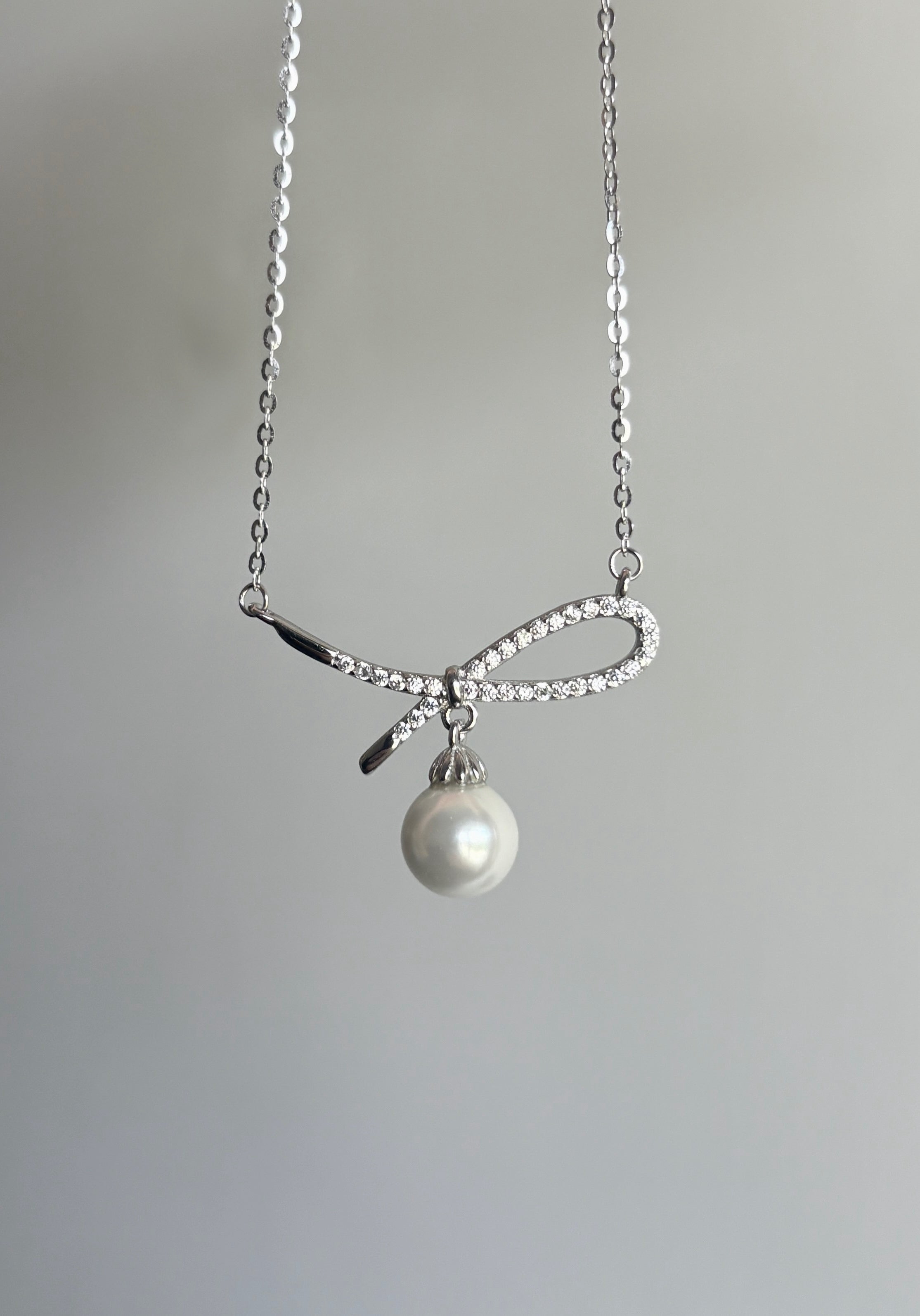 Pavé Ribbon Pearl-Style Necklace