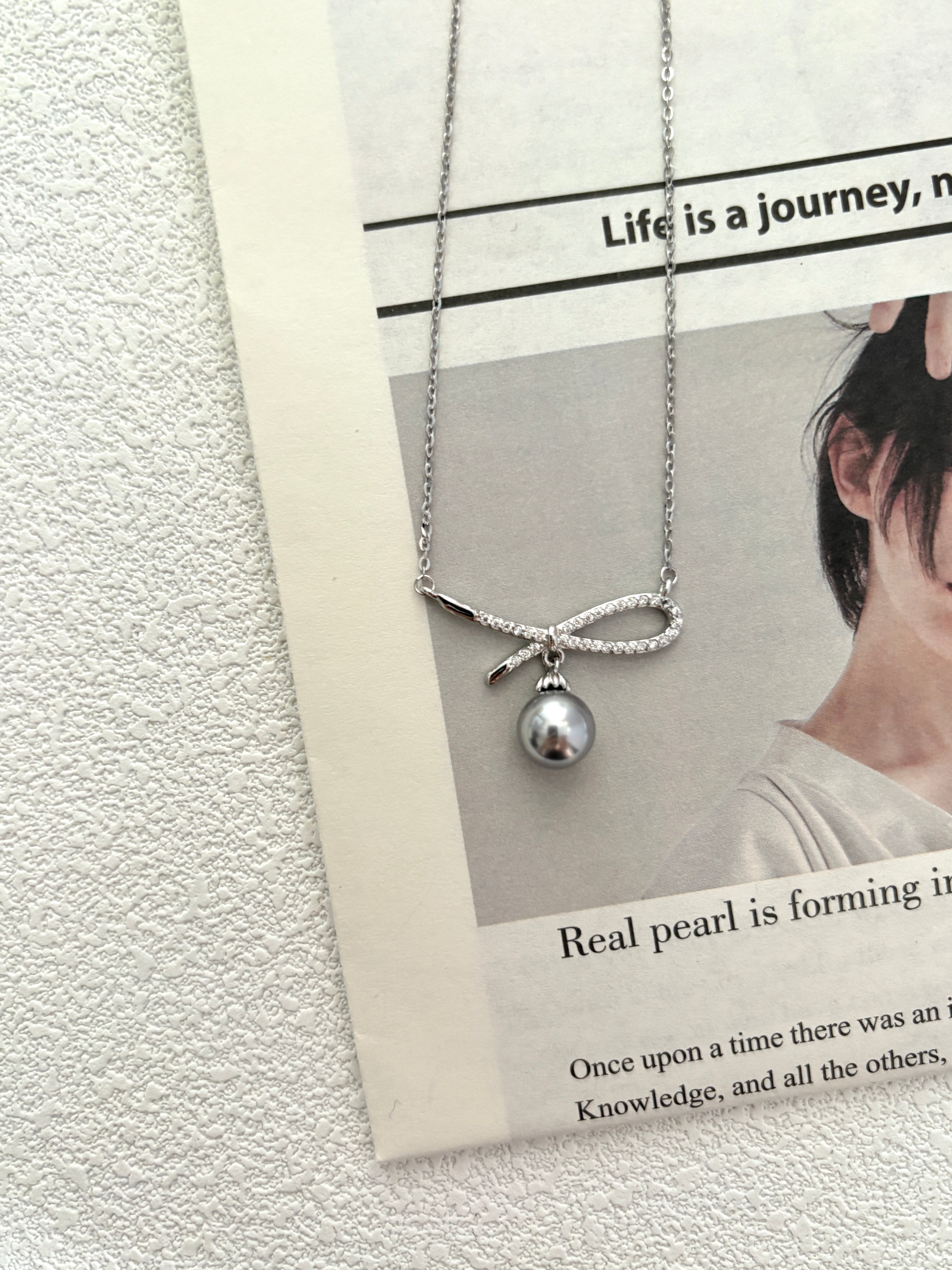Pavé Ribbon Pearl-Style Necklace
