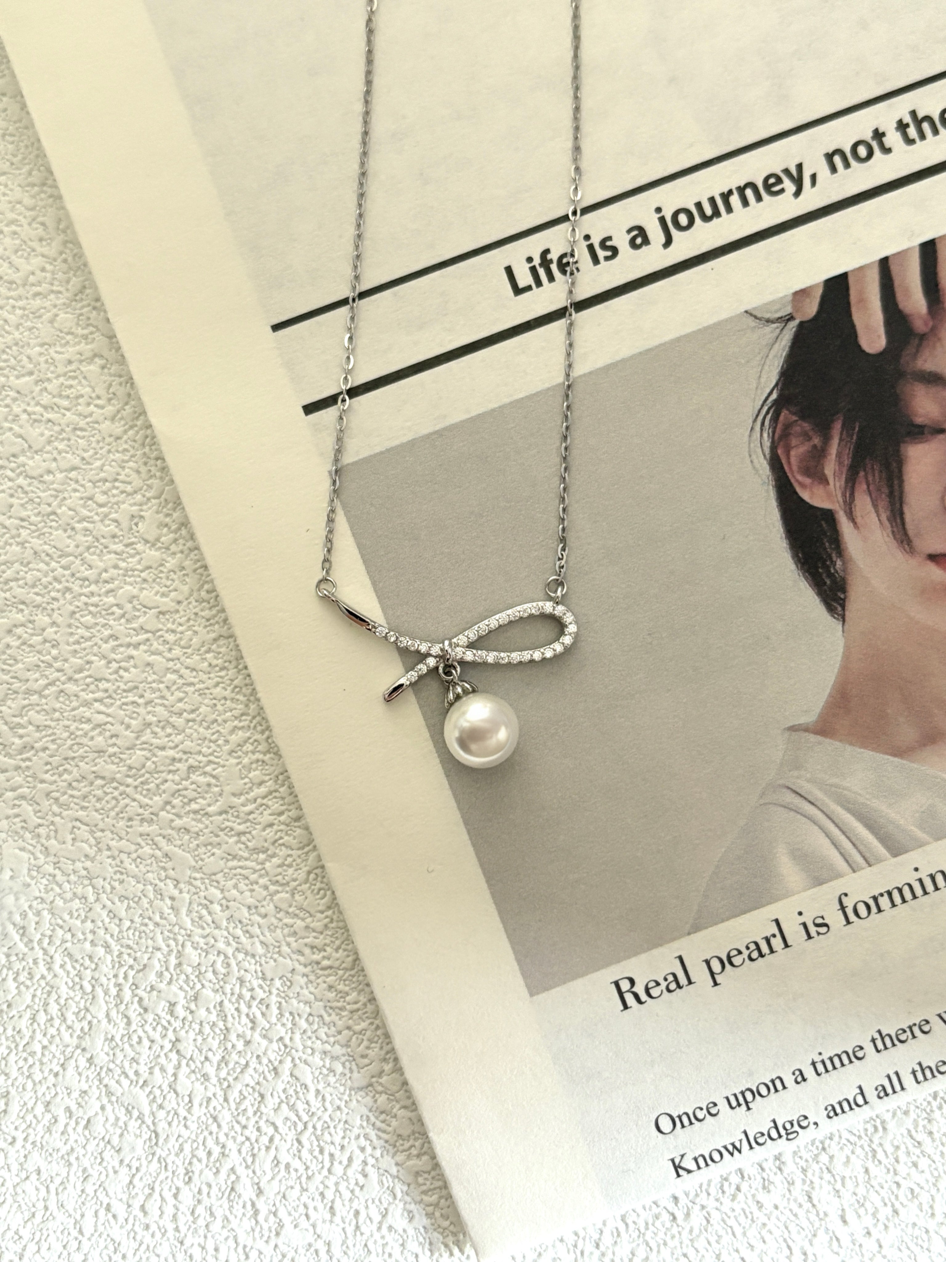 Pavé Ribbon Pearl-Style Necklace